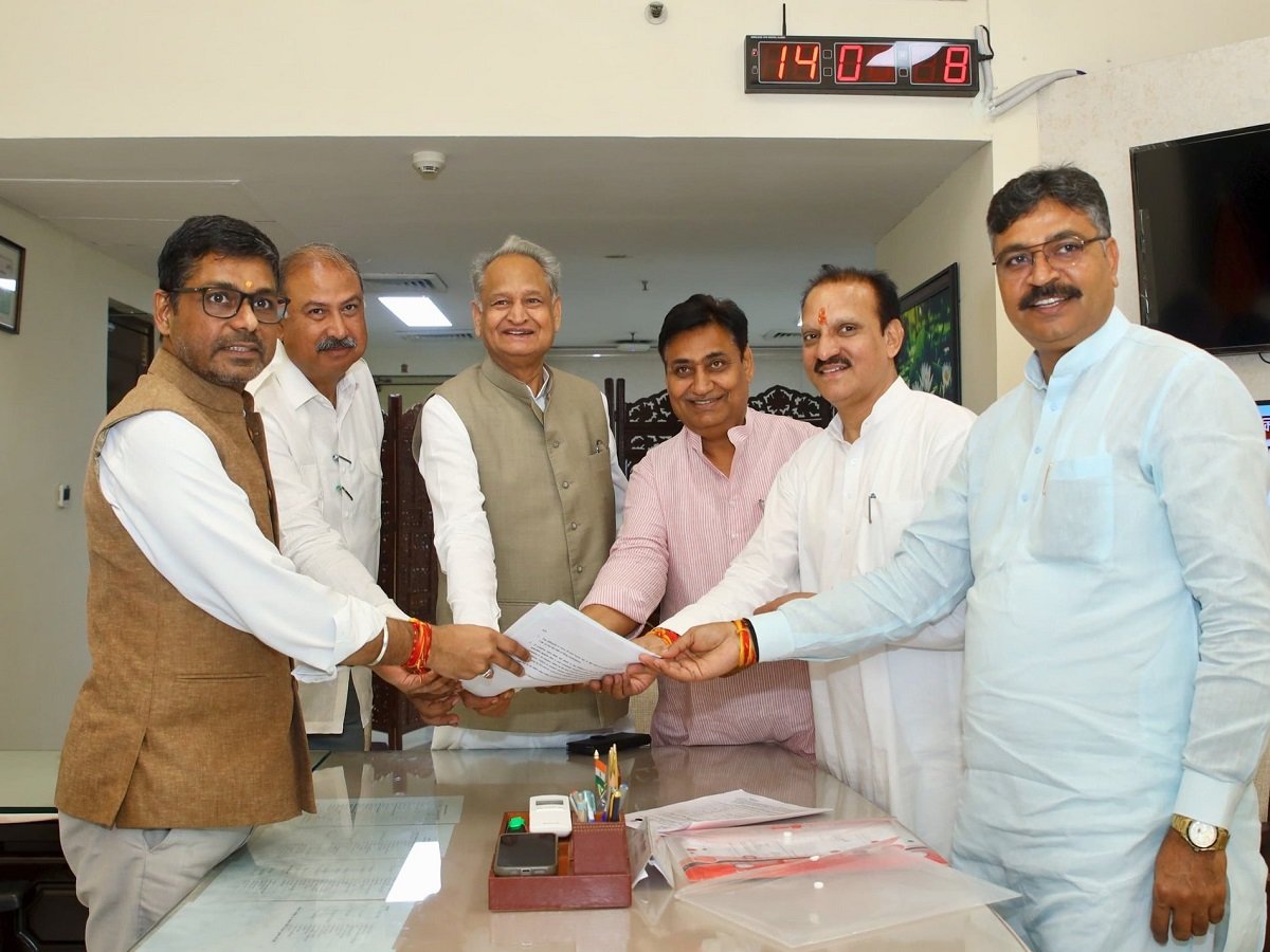 Neeraj Dangi files nomination for Rajya Sabha elections; prominent leaders, including Gehlot, were present.